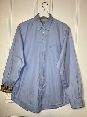 Burberry London Blue Cotton Button Down Casual Dress Check Oxford Shirt